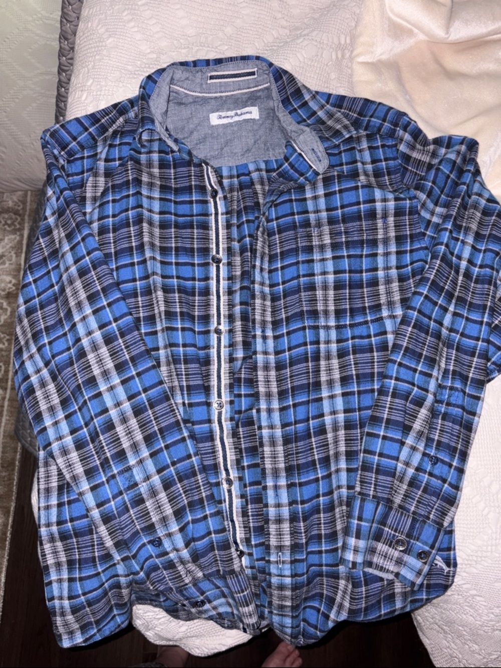 Tommy Bahama Blue, Black and White Plaid Button-Front Shirt